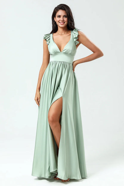 OKBBN fashion backless deep V-neck A-line split pleated Bridesmaid Dresses