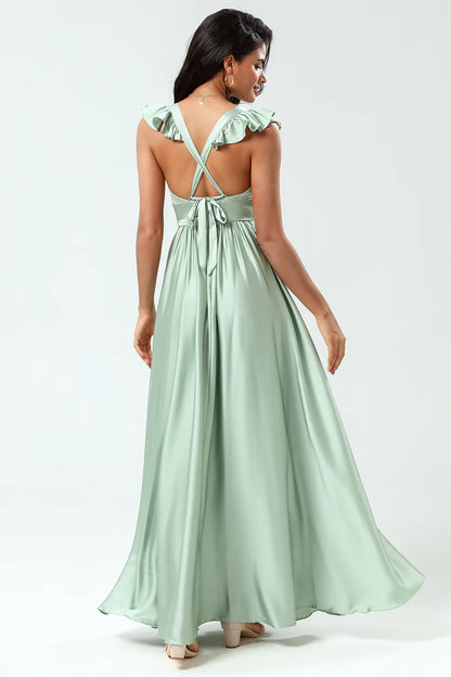 OKBBN fashion backless deep V-neck A-line split pleated Bridesmaid Dresses