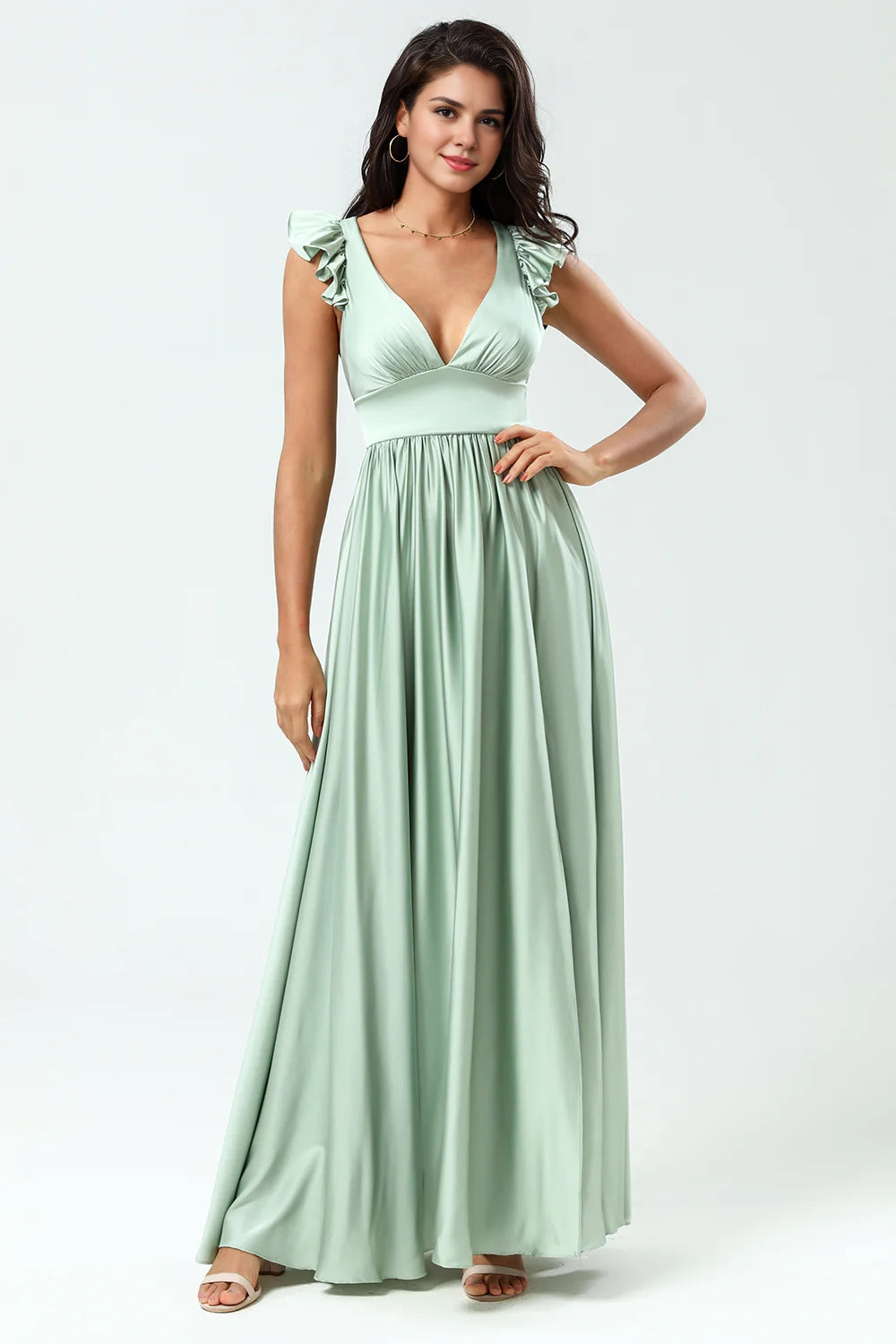 OKBBN fashion backless deep V-neck A-line split pleated Bridesmaid Dresses