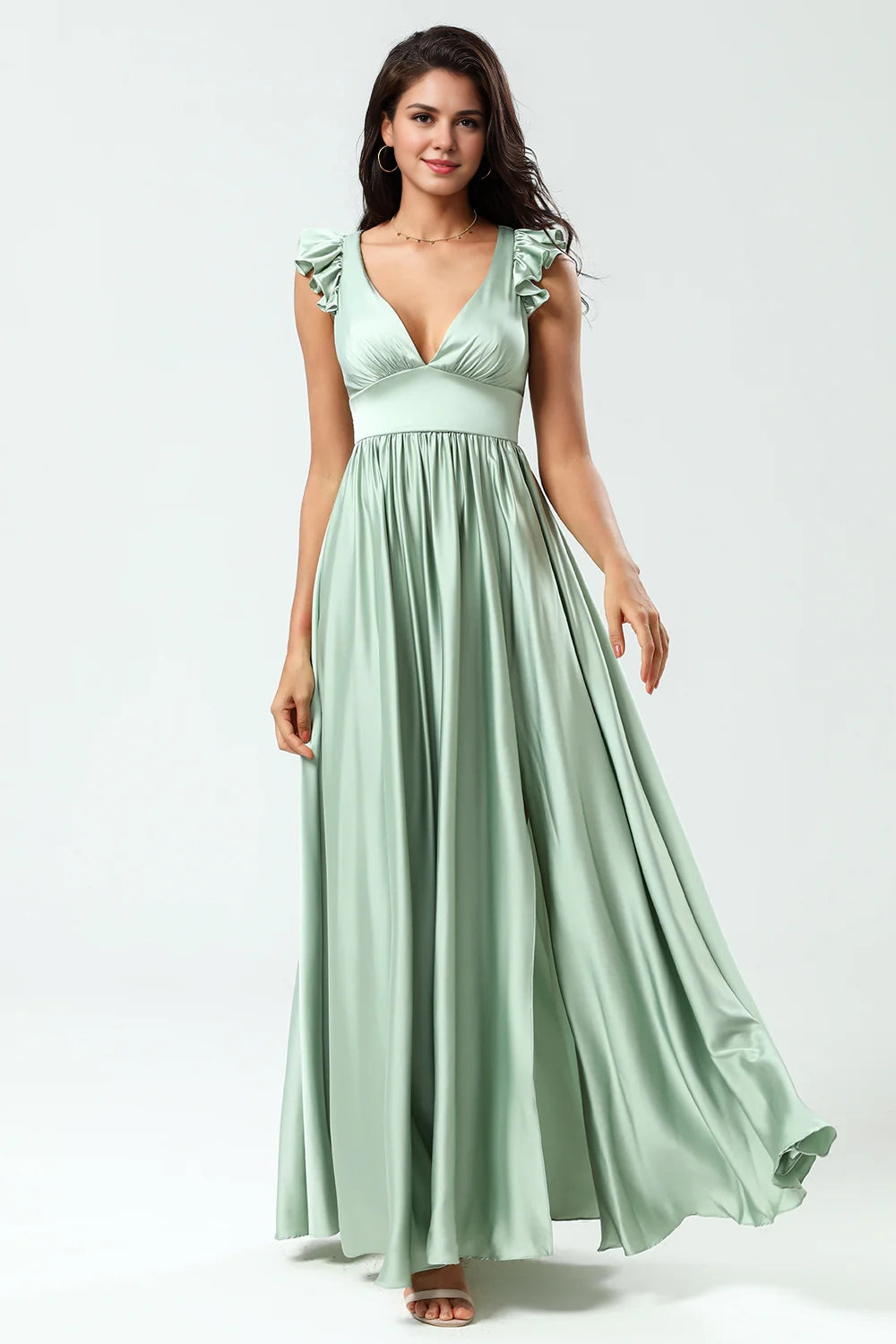 OKBBN fashion backless deep V-neck A-line split pleated Bridesmaid Dresses