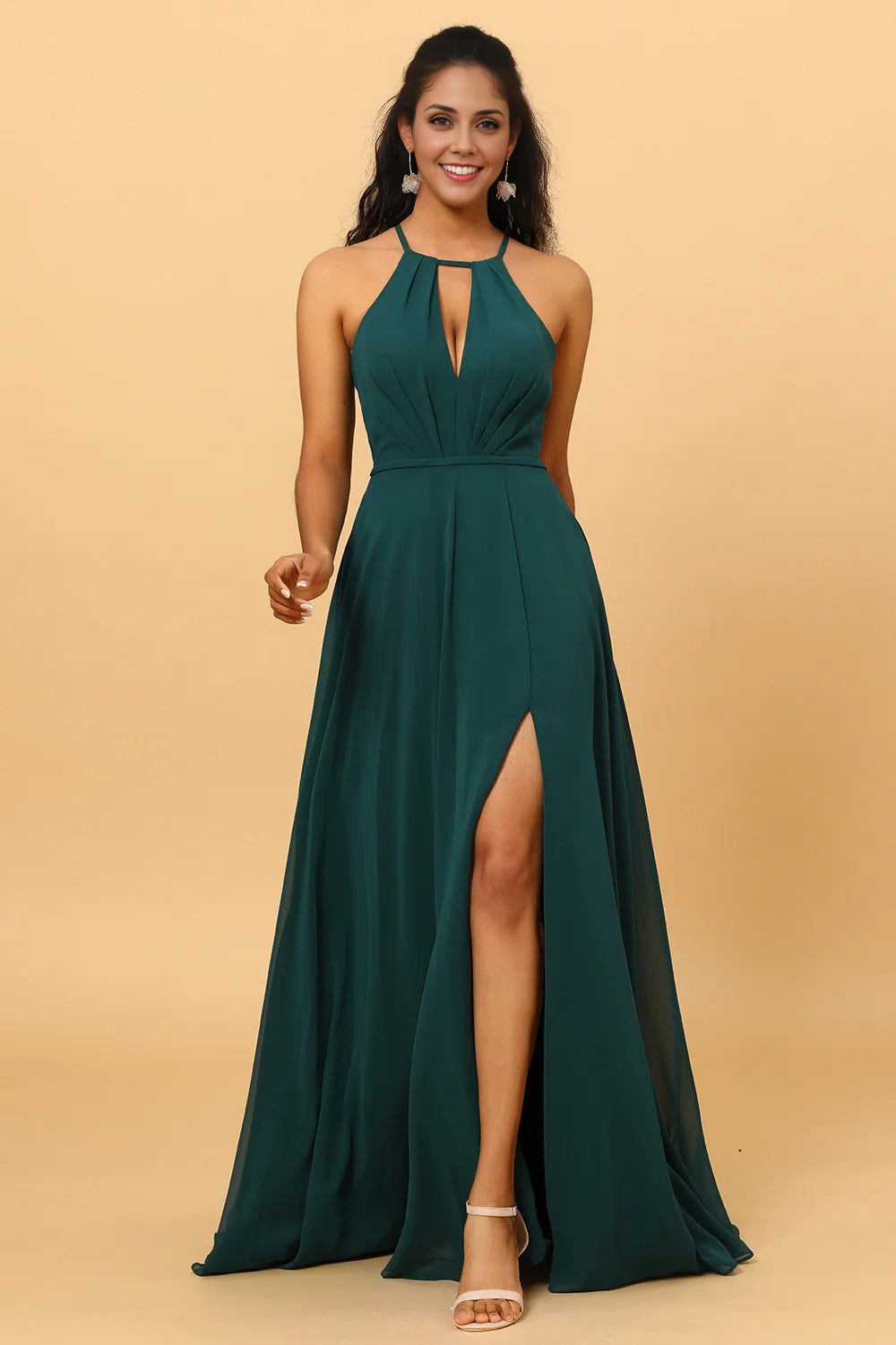 OKBBN flowing A-line backless sleeveless long slit chiffon Bridesmaid Dresses