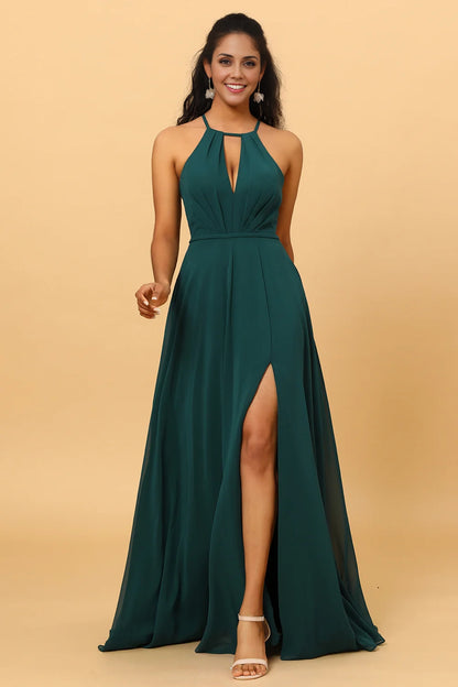 OKBBN flowing A-line backless sleeveless long slit chiffon Bridesmaid Dresses