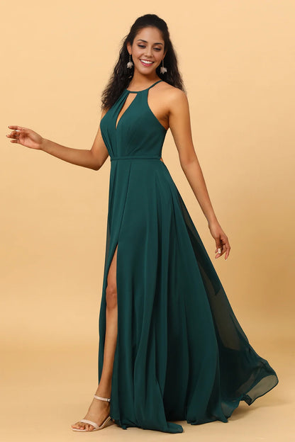 OKBBN flowing A-line backless sleeveless long slit chiffon Bridesmaid Dresses