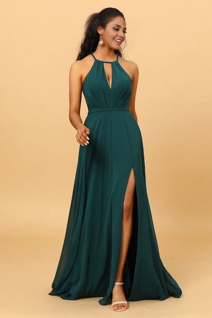 OKBBN flowing A-line backless sleeveless long slit chiffon Bridesmaid Dresses