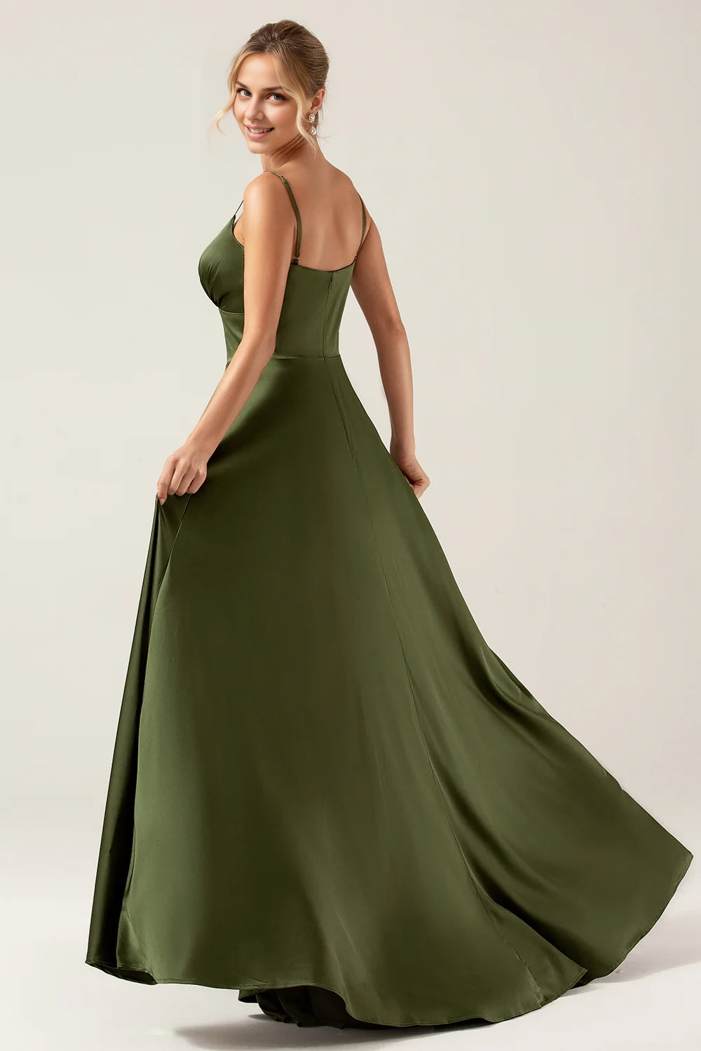 OKBBN flowing A-line thin shoulder strap with slit long Bridesmaid Dresses