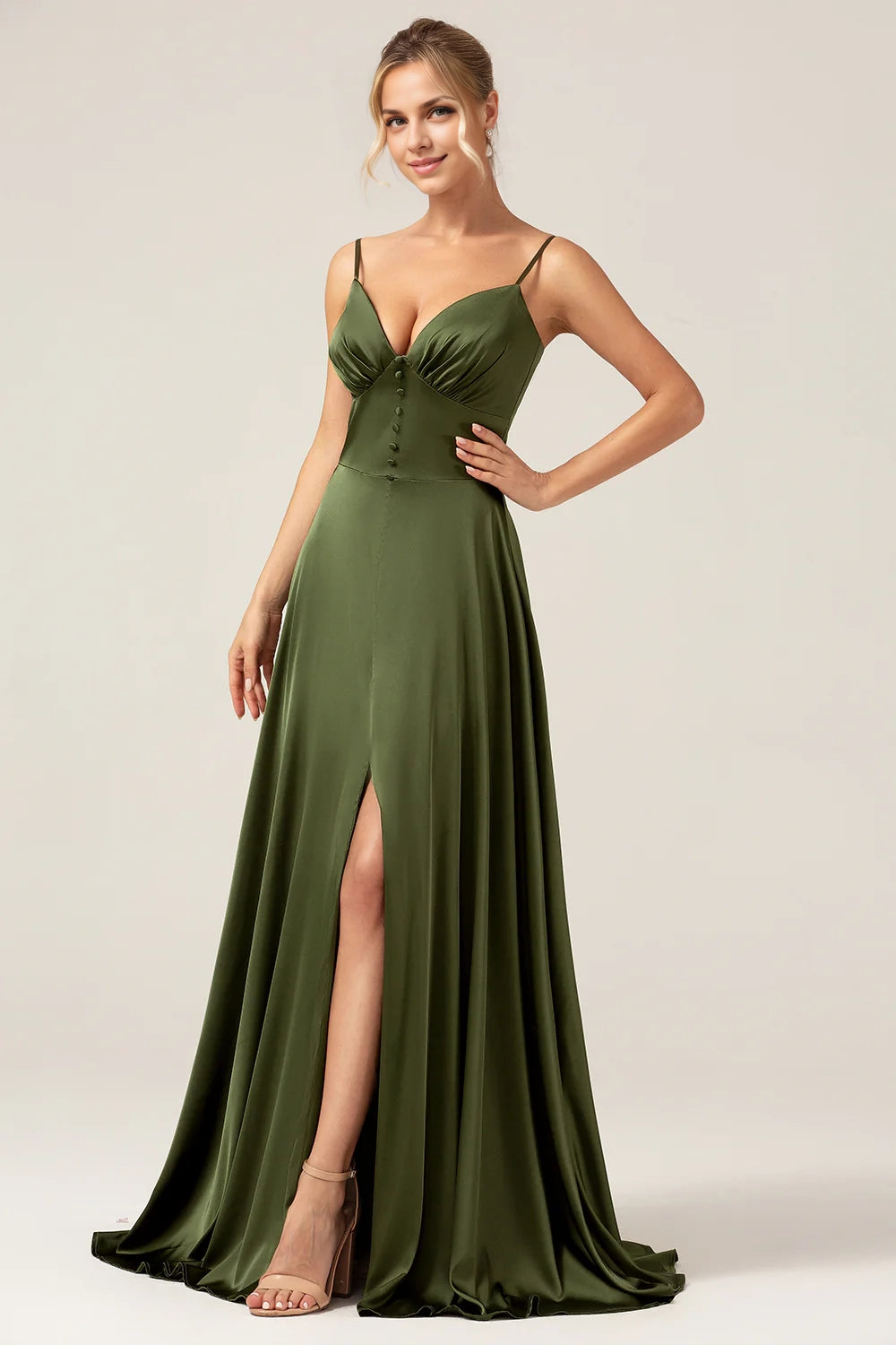 OKBBN flowing A-line thin shoulder strap with slit long Bridesmaid Dresses