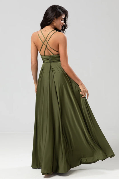 OKBBN flowing pleated A-line thin shoulder strap satin floor mopping Bridesmaid Dresses