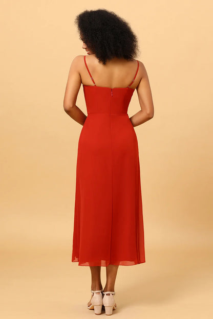 OKBBN flowing thin shoulder straps, mid length chiffon slit, Bridesmaid Dresses