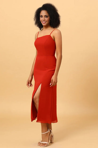 OKBBN flowing thin shoulder straps, mid length chiffon slit, Bridesmaid Dresses