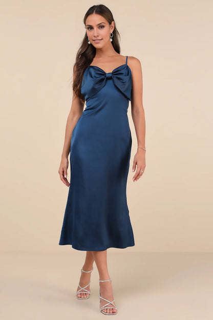 OKBBN luxurious smooth satin sleeveless bow mid length Homecoming Dresses