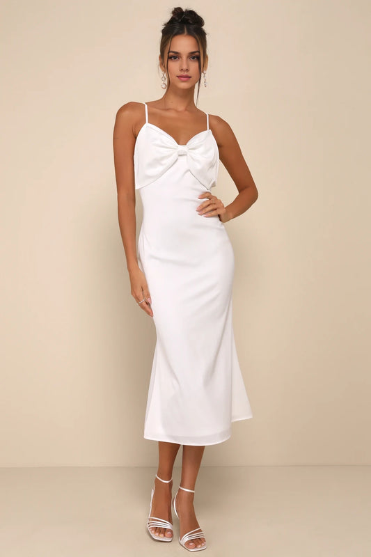 OKBBN luxurious smooth satin sleeveless bow mid length Homecoming Dresses