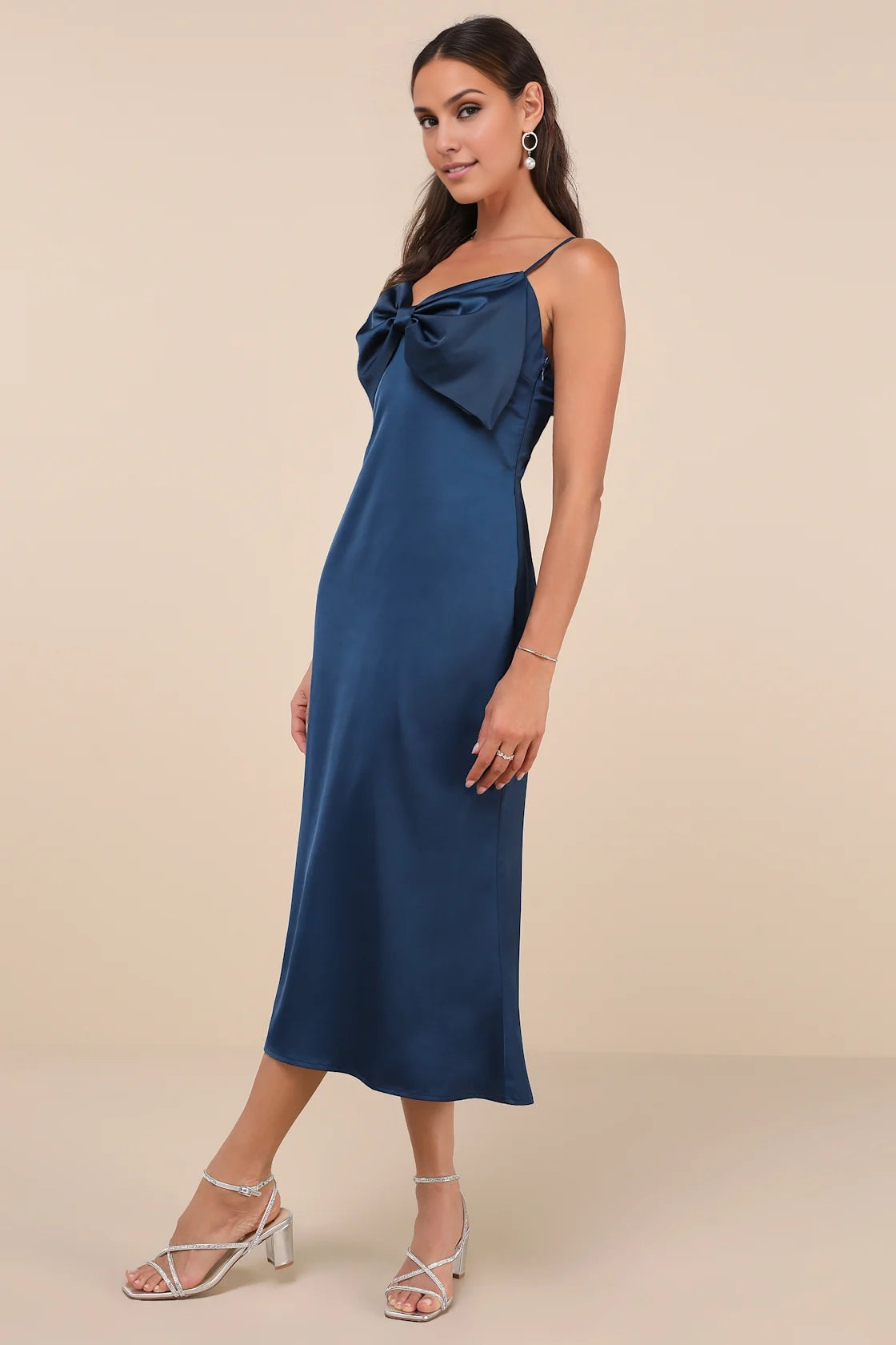 OKBBN luxurious smooth satin sleeveless bow mid length Homecoming Dresses