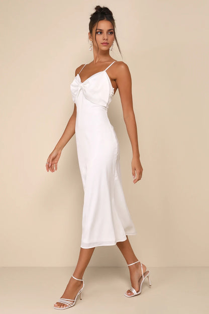 OKBBN luxurious smooth satin sleeveless bow mid length Homecoming Dresses