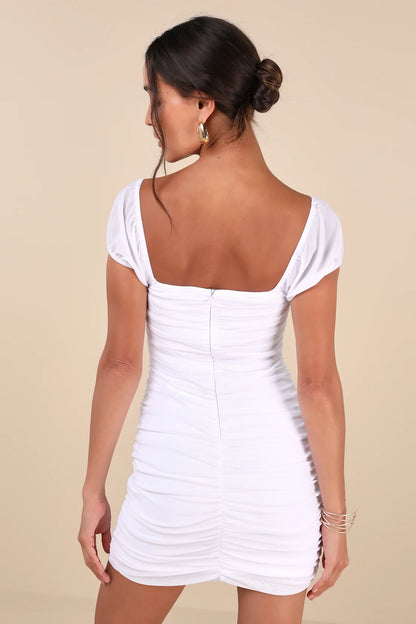 OKBBN mesh pleated slim mini square neckline elastic see through mesh Homecoming Dresses