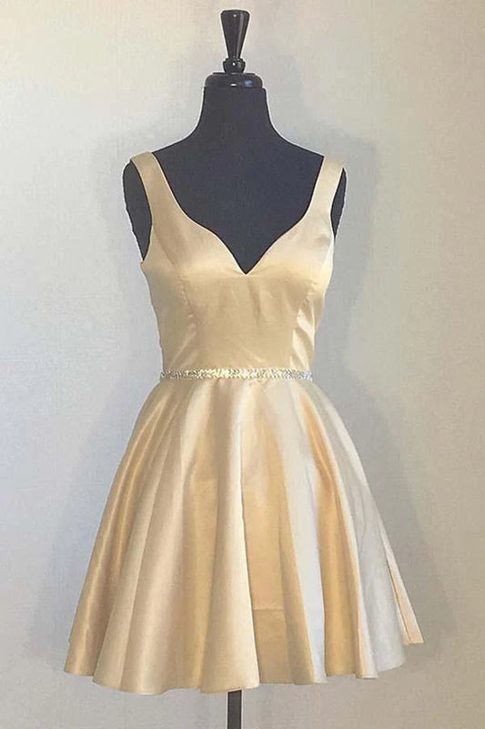 OKBBN minimalist wide shoulder strap V-neck bead sleeveless short Homecoming Dresses