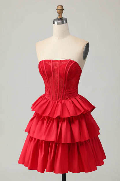 OKBBN off shoulder A-line layered corset bead Homecoming Dresses