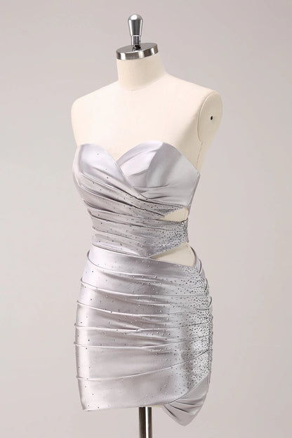 OKBBN off shoulder pleated hollow metal tight bead Homecoming Dresses