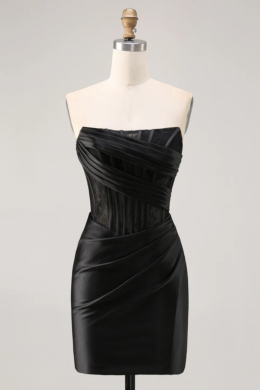 OKBBN off shoulder satin tight corset with pleated detailing Homecoming Dresses