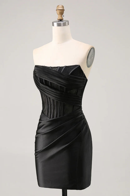 OKBBN off shoulder satin tight corset with pleated detailing Homecoming Dresses