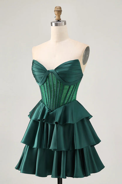 OKBBN off shoulder waist with multi-layer satin bead short A-line Homecoming Dresses