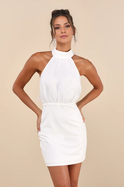 OKBBN organza backless mini sleeveless pleated tight corset with high neckline Homecoming Dresses