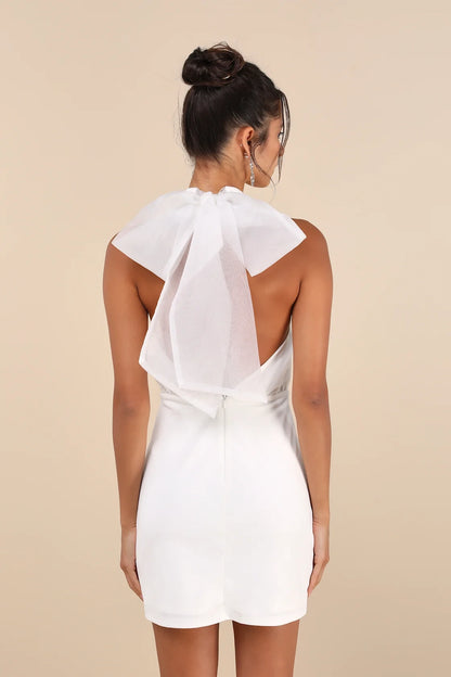 OKBBN organza backless mini sleeveless pleated tight corset with high neckline Homecoming Dresses