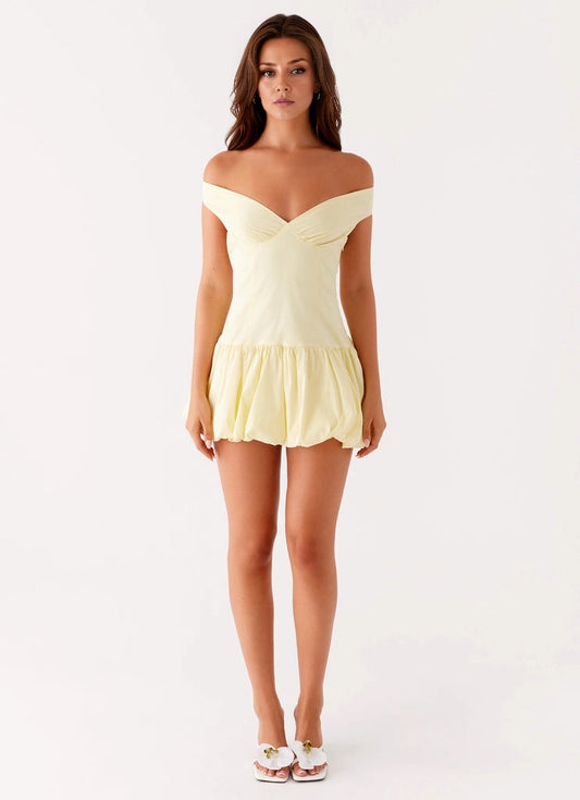OKBBN romantic and playful off shoulder mini pleated V-neck Prom Dresses