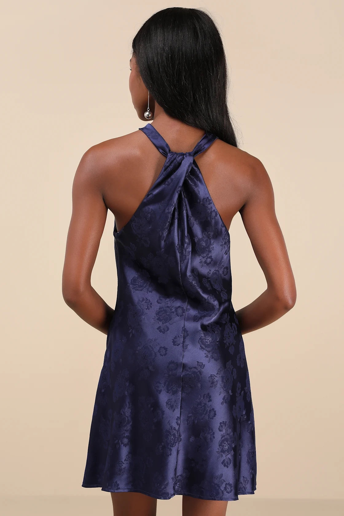 OKBBN satin floral jacquard hanging neck mini hanging neck collar tight corset Homecoming Dresses