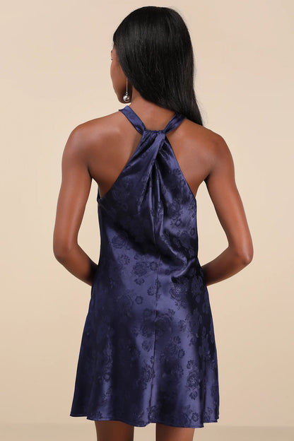OKBBN satin floral jacquard hanging neck mini hanging neck collar tight corset Homecoming Dresses