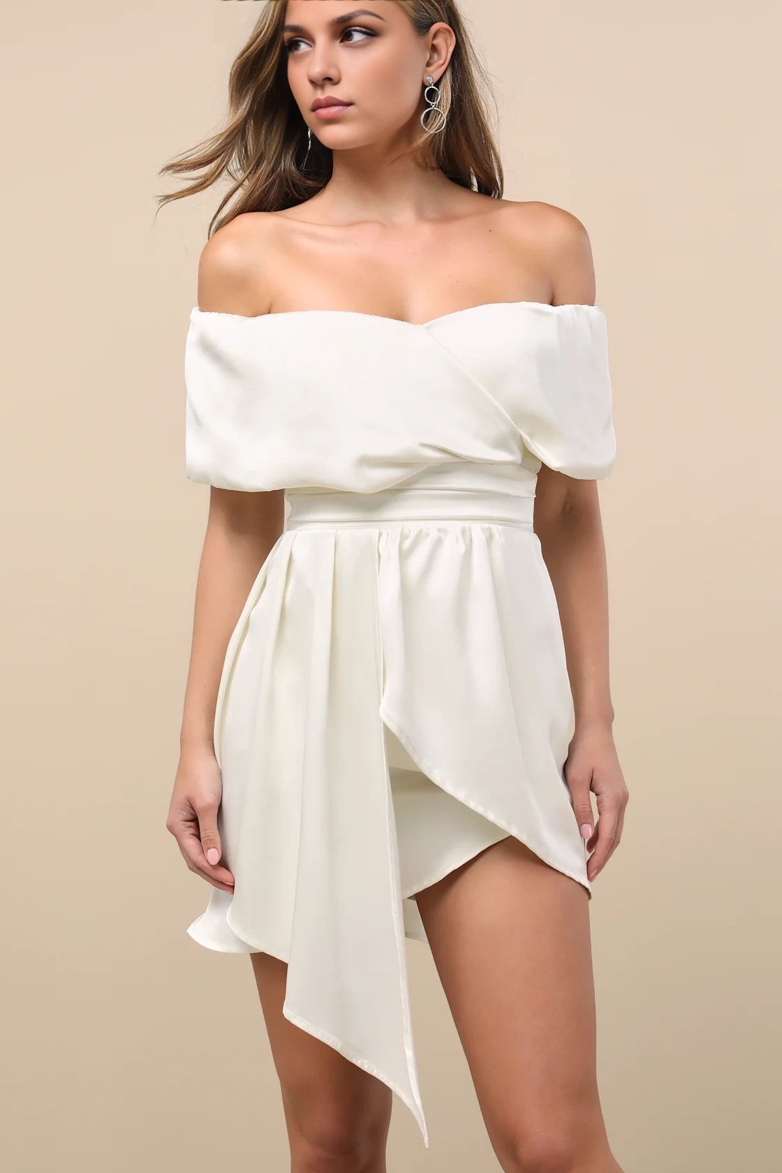 OKBBN satin mini slim fit silhouette, off shoulder collar, asymmetrical layered sloping collar, upper body Homecoming Dresses