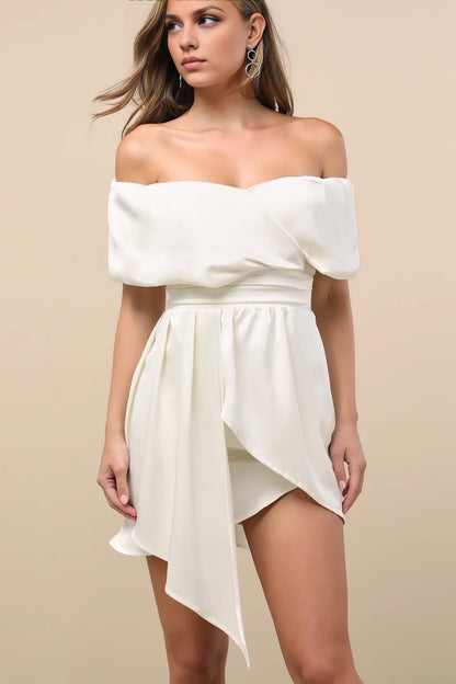 OKBBN satin mini slim fit silhouette, off shoulder collar, asymmetrical layered sloping collar, upper body Homecoming Dresses