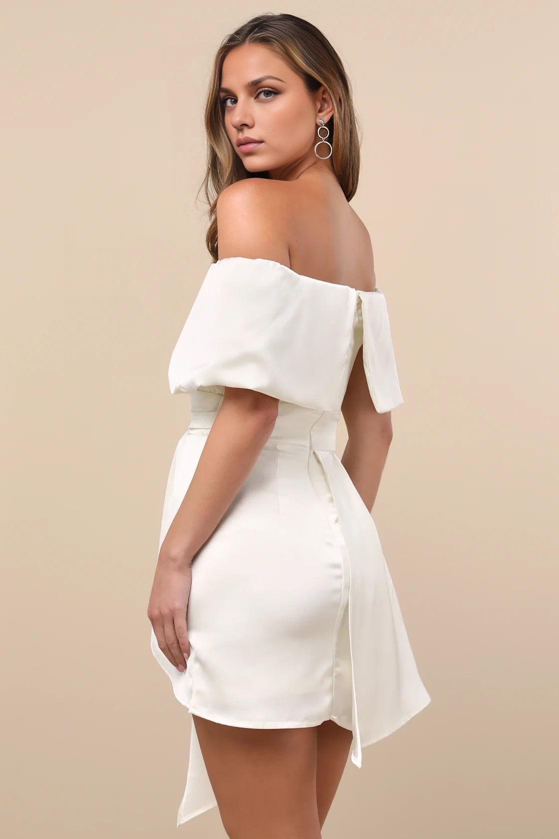 OKBBN satin mini slim fit silhouette, off shoulder collar, asymmetrical layered sloping collar, upper body Homecoming Dresses