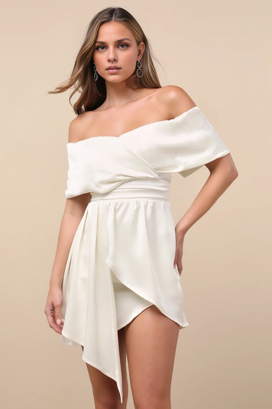 OKBBN satin mini slim fit silhouette, off shoulder collar, asymmetrical layered sloping collar, upper body Homecoming Dresses