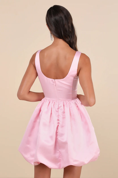 OKBBN satin mini tight corset with wide shoulder straps, square neckline, A-line skirt, Homecoming Dresses