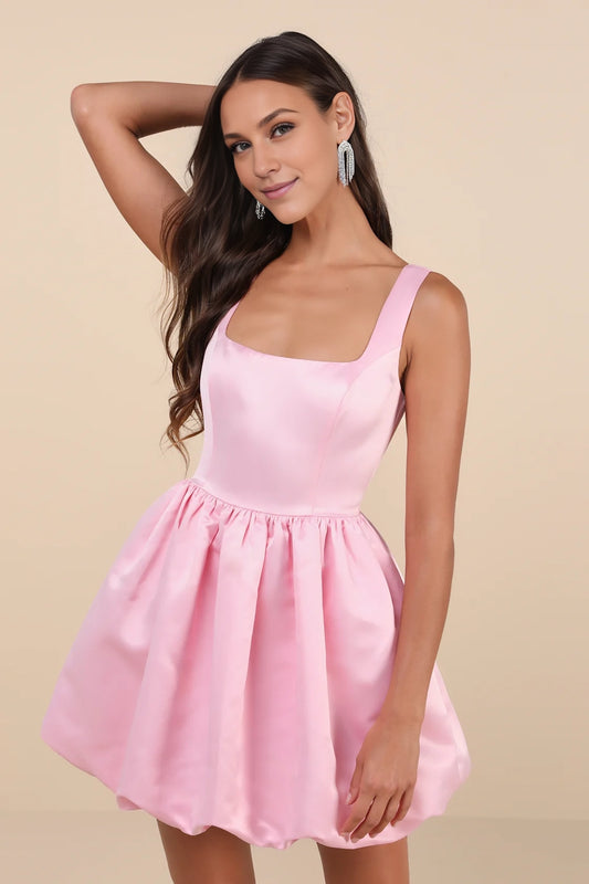 OKBBN satin mini tight corset with wide shoulder straps, square neckline, A-line skirt, Homecoming Dresses