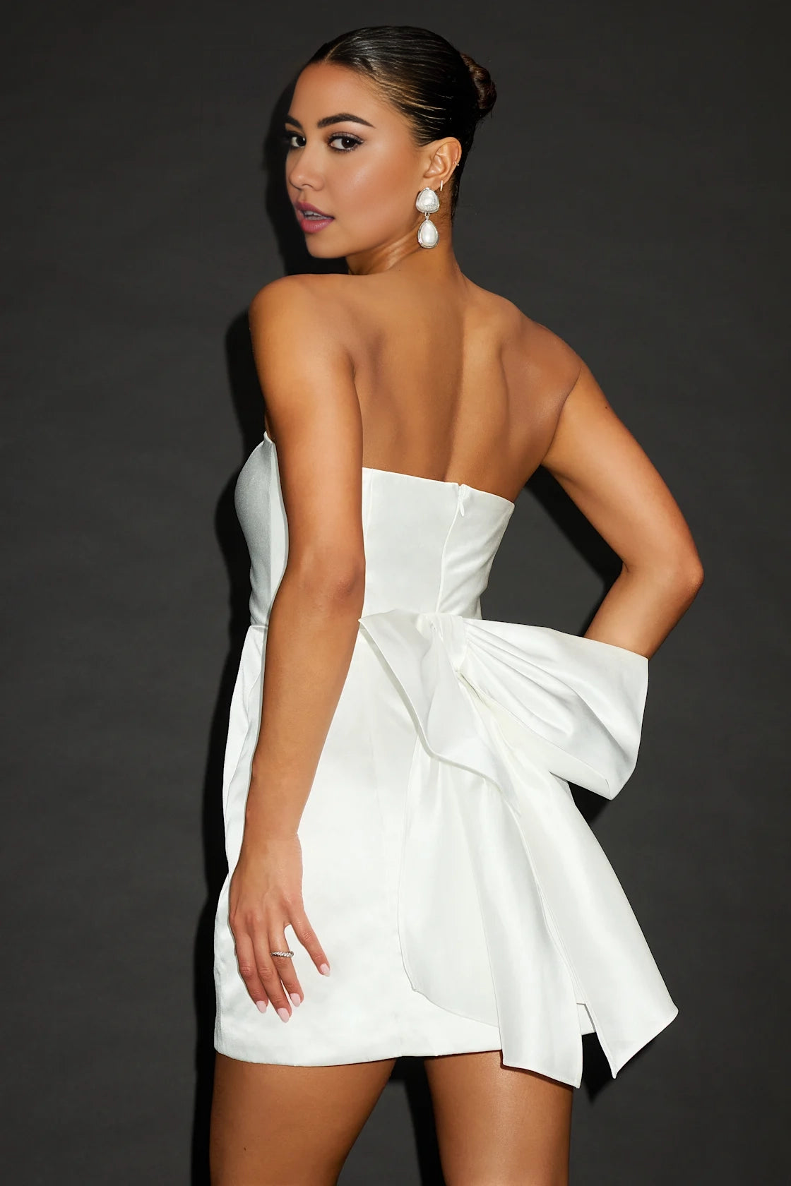 OKBBN satin off shoulder bow mini tight corset high waisted A-line Homecoming Dresses