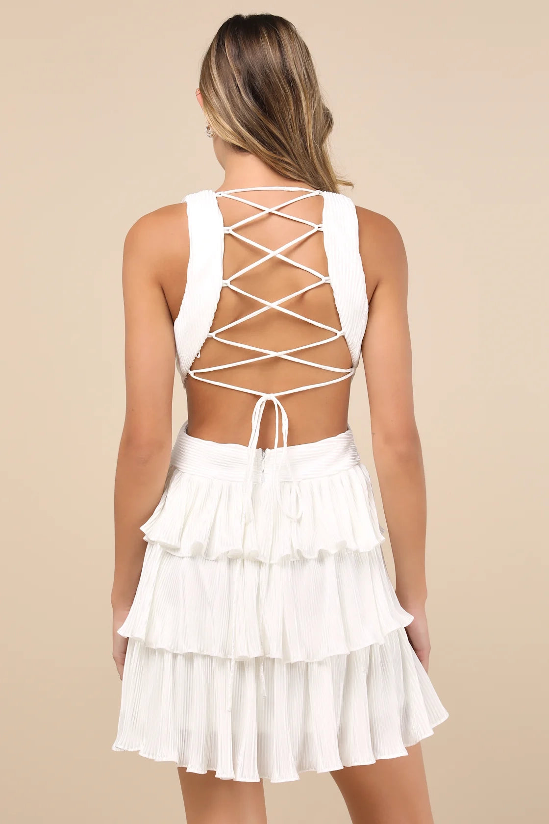 OKBBN satin pleated layered lace up mini wide shoulder strap deep V tight corset hollow Homecoming Dresses
