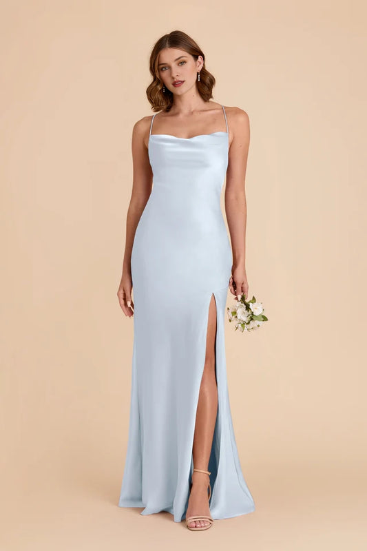 OKBBN sexy suspender scarf collar slit A-line pleated backless thin shoulder strap Prom Dresses