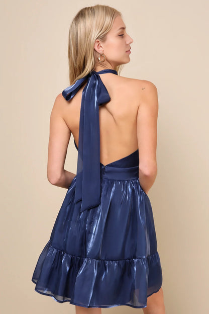 OKBBN shiny organza sleeveless pleated backless high neckline lace up slim waistband Homecoming Dresses
