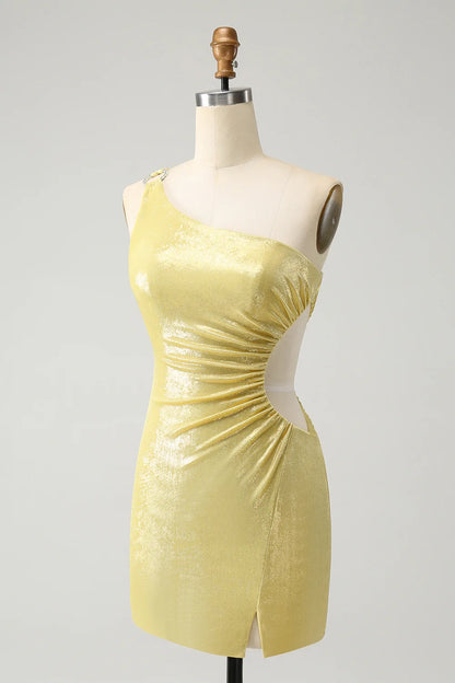 OKBBN shiny slim fit single shoulder hollow pleated metal Homecoming Dresses