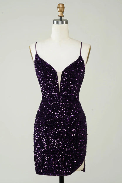 OKBBN shiny tight backless sequin slit short Homecoming Dresses