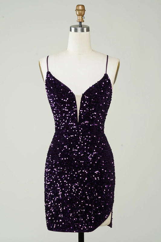 OKBBN shiny tight backless sequin slit short Homecoming Dresses