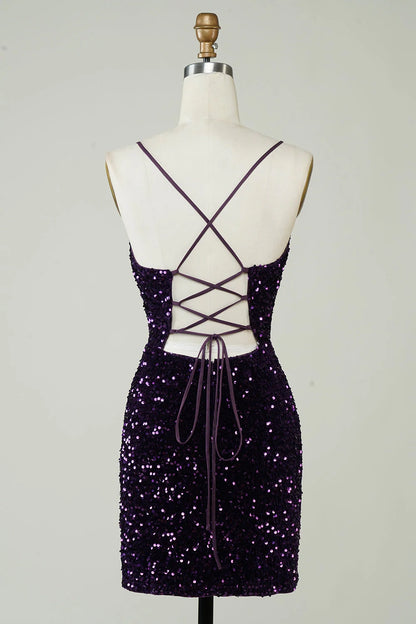 OKBBN shiny tight backless sequin slit short Homecoming Dresses
