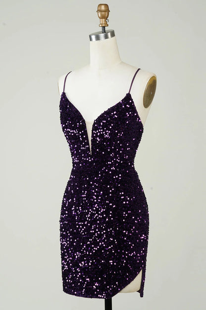 OKBBN shiny tight backless sequin slit short Homecoming Dresses