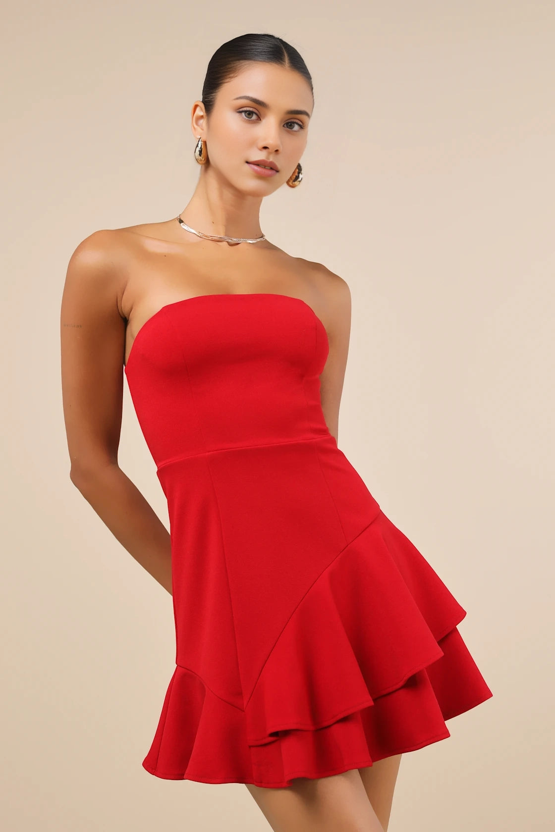 OKBBN shoulder less ruffled mini elastic crepe knitted strapless tight corset A-line Homecoming Dresses