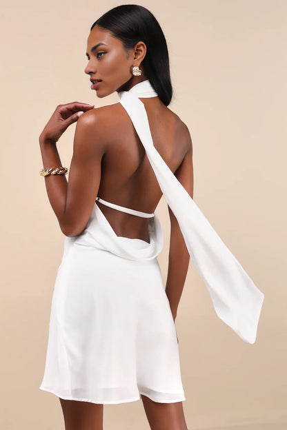 OKBBN single shoulder backless lace up mini woven chiffon drape pleated A-line slim shoulder strap Homecoming Dresses
