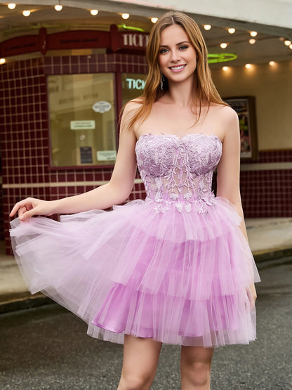 OKBBN strapless corset top layered chiffon short skirt Homecoming Dresses