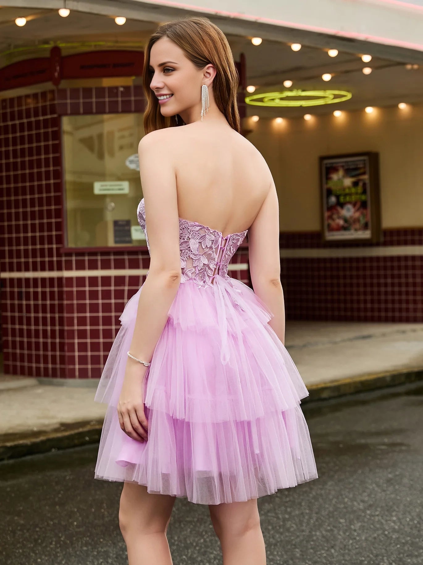 OKBBN strapless corset top layered chiffon short skirt Homecoming Dresses