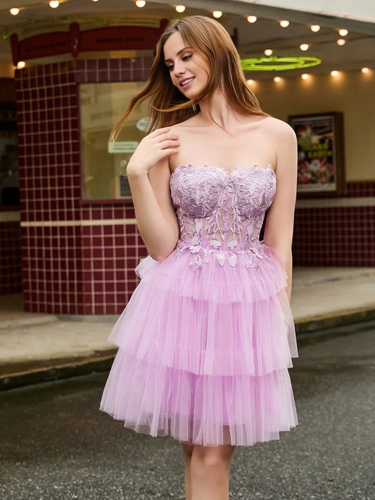 OKBBN strapless corset top layered chiffon short skirt Homecoming Dresses