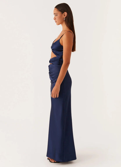 OKBBN stunning V-neck front slit pleated tight corset waist Prom Dresses